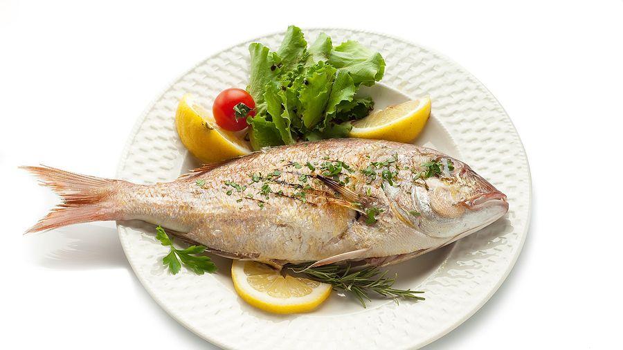 Tasty And Delicious Fish In White Plate With White Background, Grilled And Fried Fish, Healthy And F