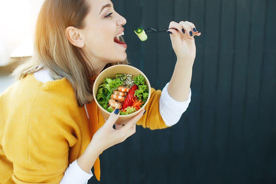 Fat Woman On A Diet, Fresh Greens Salad. High Quality Photo.